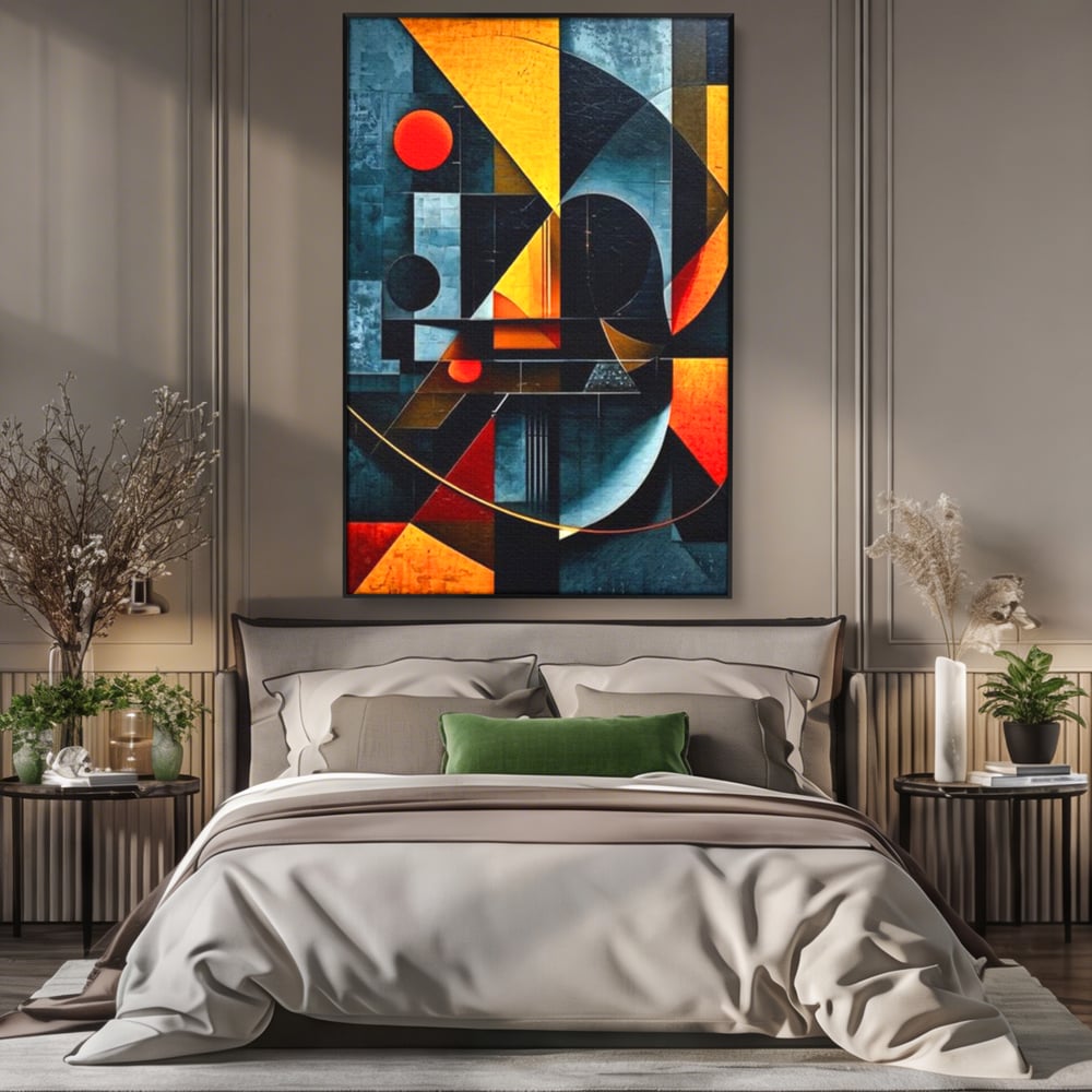 Tablou canvas cu pictura abstracta cu forme geometrice, in rama de aluminiu negru, pe perete intr-un dormitor